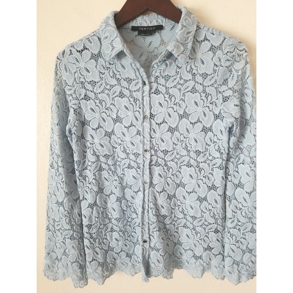 VERTIGO Women's Lace Floral Embroider Button Front Blue Long Sleeve Shirt sz S